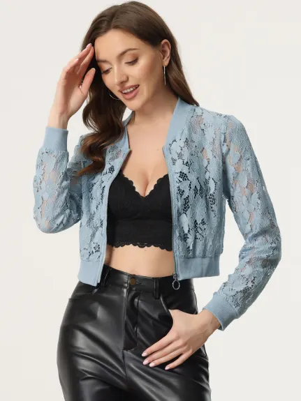Allegra K- Stand Collar Zip Up Mesh Sheer Lace Bomber Jacket