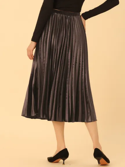 Allegra K- Winter Elastic Waist Velvet Pleated Midi Skirt
