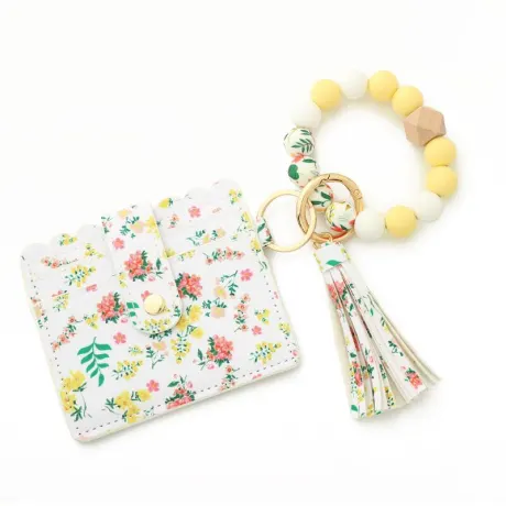 Yellow & Pink Floral Card Holder & Beaded Stretch Bracelet Key Chain - Don't AsK