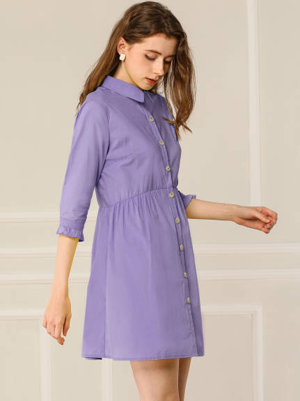 Allegra K- 3/4 Sleeve Button Up Flare Shirt Dress