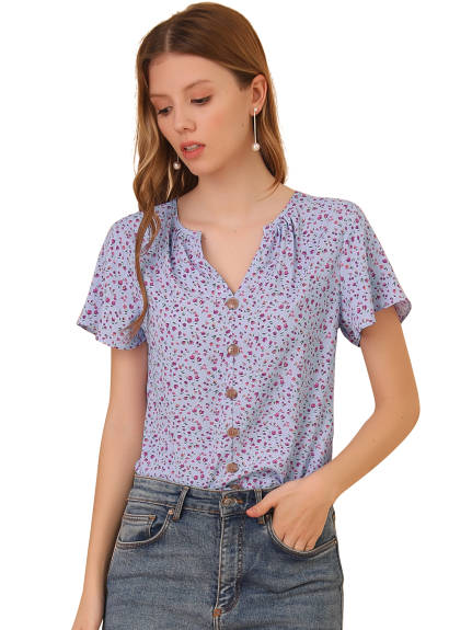 Allegra K - Ruffle Short Sleeve Button Ditsy Floral Blouse