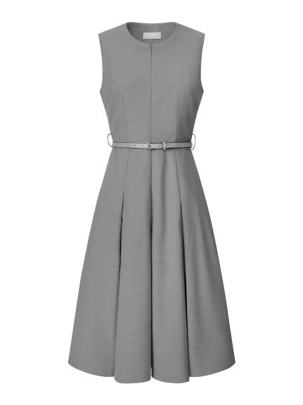 Hobemty- Sleeveless Zip Up Belted Fit and Flare Dress