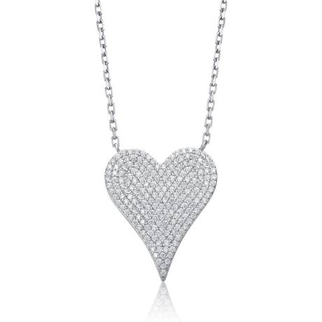 Genevive Sterling Silver with Pave Cubic Zirconia Heart Layering Necklace