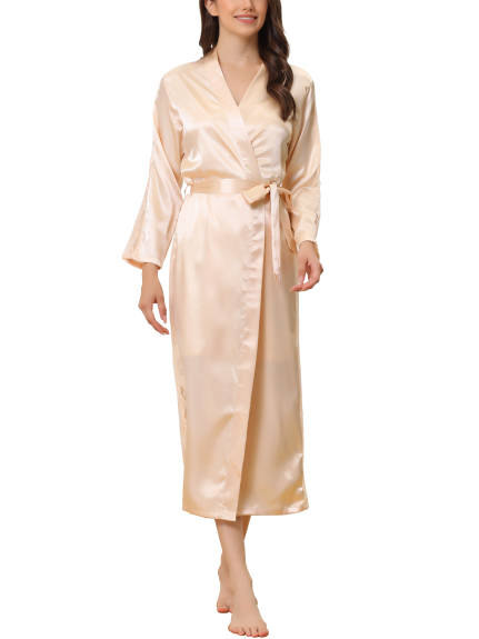 cheibear - Satin Lace Trim Long Sleeve Dressing Bathrobe