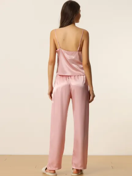 cheibear - Satin Lace Trim Cami Top Pants Pajamas Set