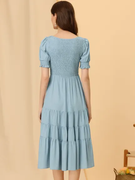 Allegra K- Peasant Smocked Short Sleeve Midi Tiered A-Line Dress