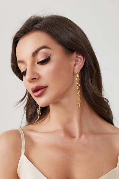 Classicharms-Gold Tassel Dangle Zirconia Earrings