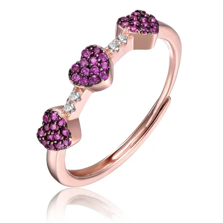 Genevive Sterling Silver 18k Rose Gold Plated with Ruby Cubic Zirconia Pave Hearts Promise Stacking Ring