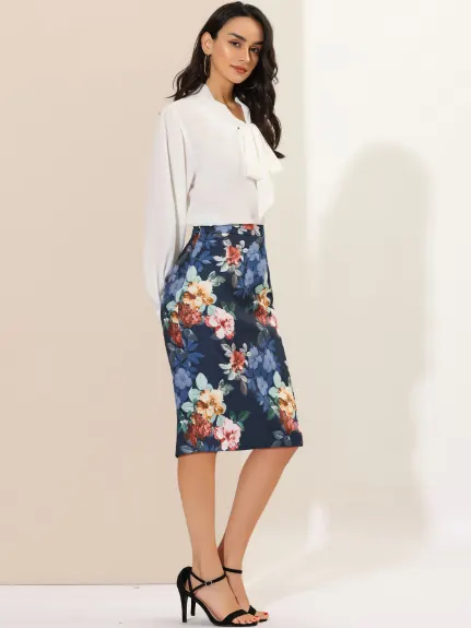 Allegra K- Back Slit Floral Knee Length Pencil Skirt