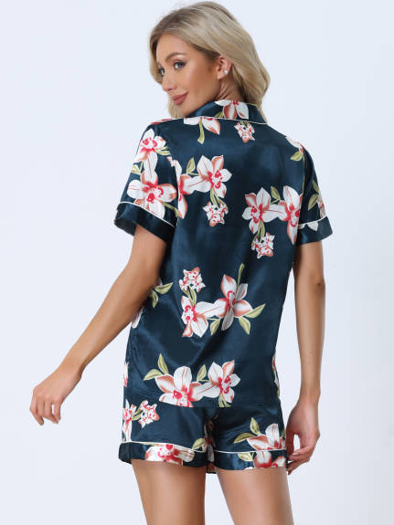 cheibear - Chemise boutonnée à fleurs et short en satin