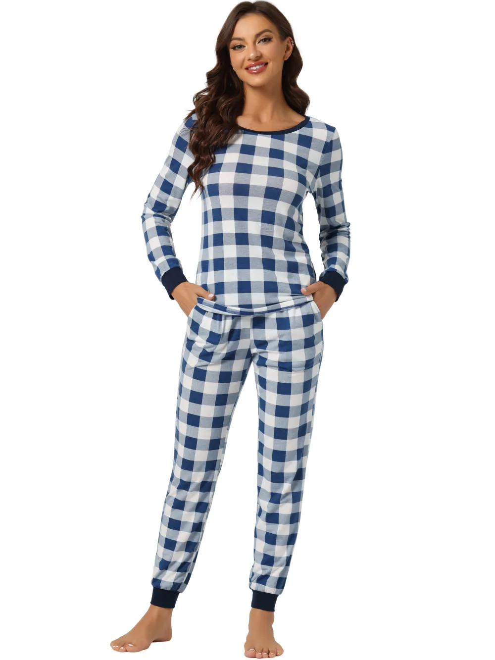 cheibear - Round Neck Winter Plaid Pajamas Set