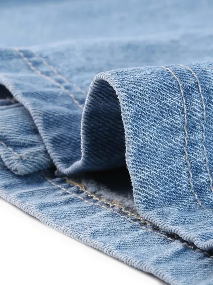 Allegra K- Vintage Long Sleeve Washed Button Down Denim Jacket