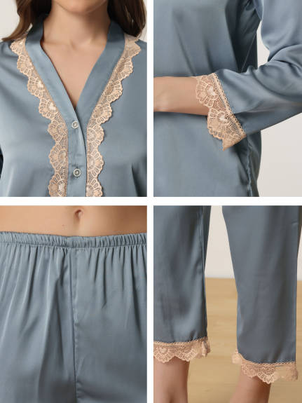 cheibear - Lace Trim Satin Button Sleepwear Sets