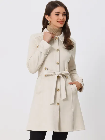 Allegra K- Vintage Faux Suede Mid-Thigh Belted Single Breasted Trench Coat
