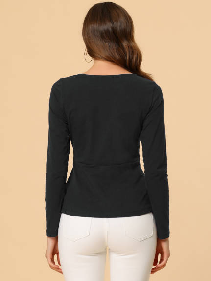 Allegra K- Round Neck Front Twist Tops Ruched Long Sleeve Blouse