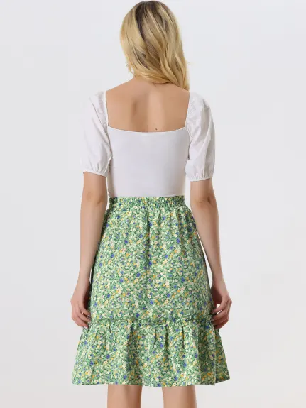 Allegra K- Ruffle Hem Tiered A-Line Floral Midi Skirt