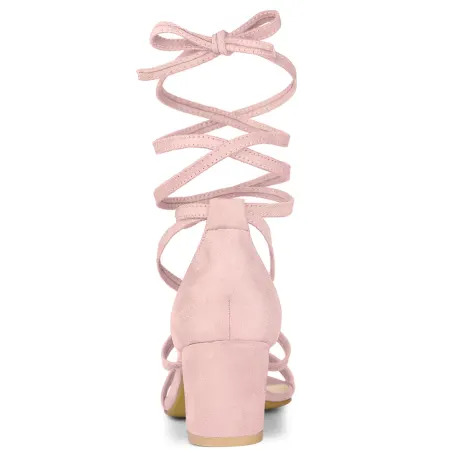 Allegra K - Open Toe Lace up Mid Chunky Heels Sandals