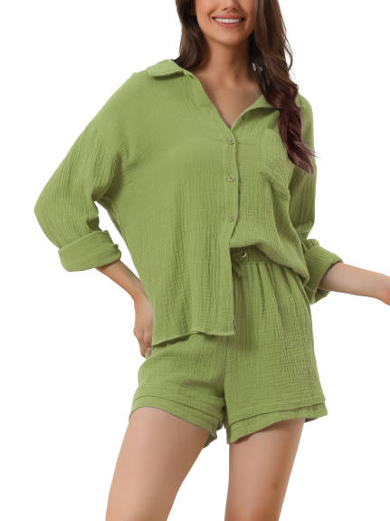 cheibear - Button Down Shirt with Shorts Lounge Sets