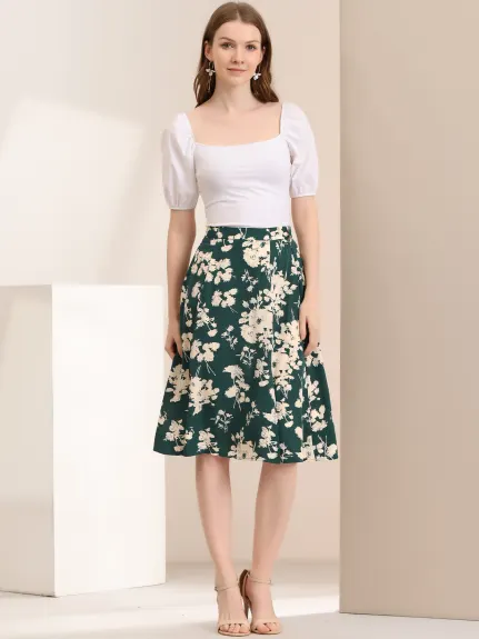 Allegra K- Slit Floral Belted A-Line Midi Skirt