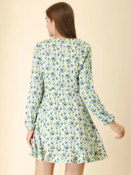 Allegra K- V-Neck Long Sleeve Ruffle Hem Mini Floral Dress