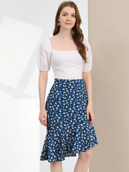 Allegra K- Asymmetrical Ruffle Floral Midi Skirt