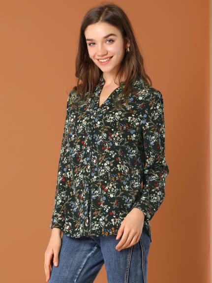 Allegra K- Button Up V Neck Shirt Long Sleeve Top Floral Blouse