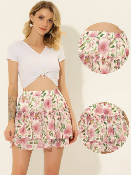 Allegra K- Mini jupes à volants à motifs floraux pour femmes