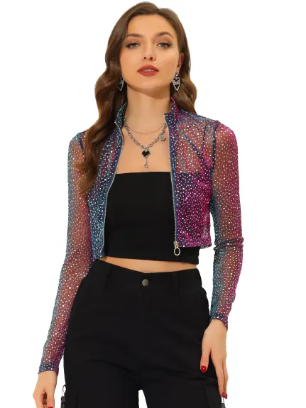 Allegra K- Sheer Glitter Stand Collar Cropped Jacket Top