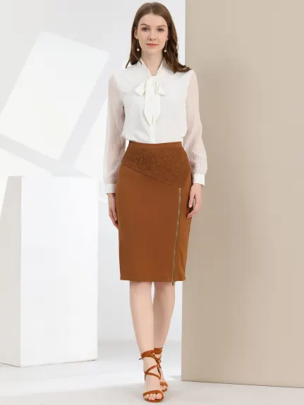 Allegra K- Zip Slit Lace Panel Knee Length Pencil Skirt
