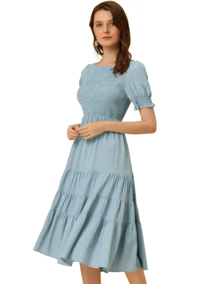 Allegra K- Peasant Smocked Short Sleeve Midi Tiered A-Line Dress