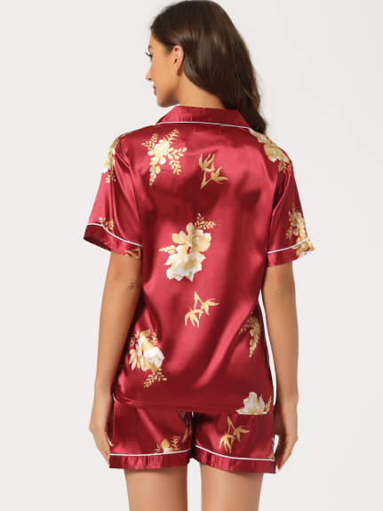 cheibear - Floral Button Down Shirt and Shorts Satin Sleepwear