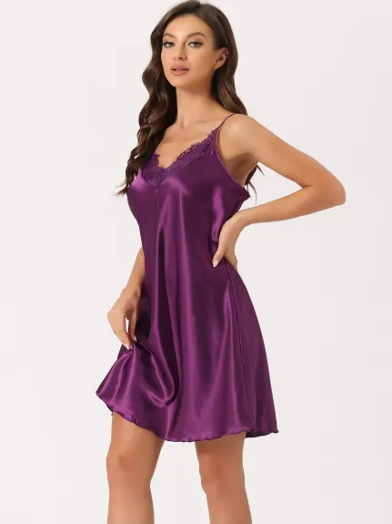 cheibear - Satin V-Neck Lace Trim Camisole Nightgown