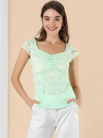 Allegra K - Sweetheart Neck Ruched Vintage Lace Blouse