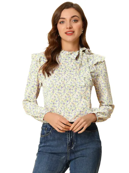 Allegra K- Side Bow Tie Neck Long Sleeve Ruffled Floral Blouse