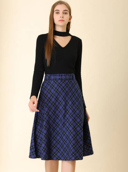 Allegra K- Plaid Tartan Belted A-Line Midi Skirt