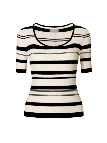 Hobemty- Top en tricot rayé à manches courtes Black Cream Stripe