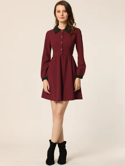 Allegra K- Contrast Color Collared Long Sleeve Flare Dress
