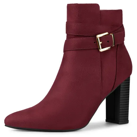 Allegra K - Pointed Toe Buckle Decor Heel Ankle Boots