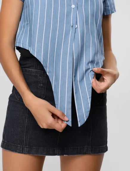 Allegra K- Striped Short Sleeve Tie Front Crop Shirt
