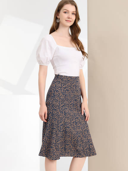 Allegra K- jupe élégante taille élastique A-Line Midi Print Leave pour femme