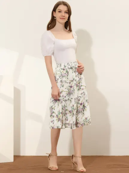Allegra K- Floral Smocked Waist Ruffle Tiered Skirt