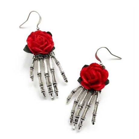 Silvertone Skeleton Hands & Red Rose Drop Earrings- Don't AsK