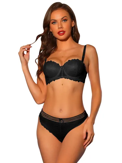 Allegra K- Lace Balconette Underwire Padded Bra and Panty Set