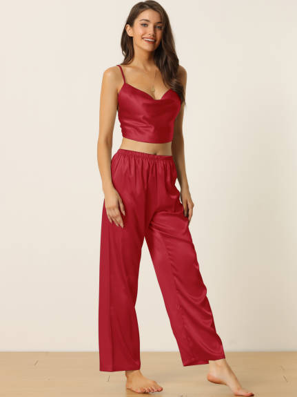 cheibear - Cowl Neck Crop Cami Tops with Pants Lounge Set