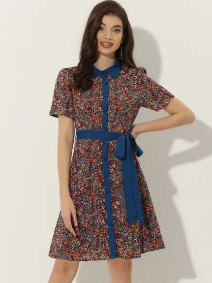 Allegra K- robe chemise florale ceinturée à manches courtes et col contrasté