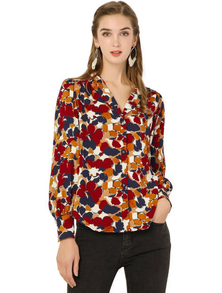 Allegra K- Floral Long Sleeve Lapel Collared Shirt