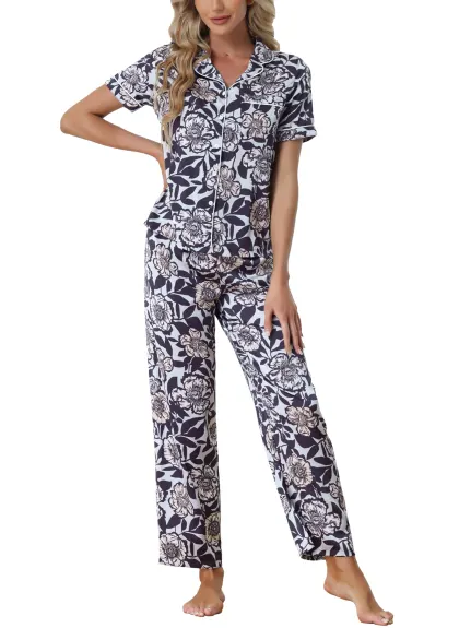 cheibear - Floral Satin Button Top and Pants Pajama Set