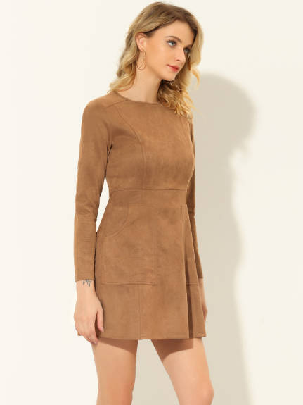 Allegra K- Faux Suede Round Neck Pockets Long Sleeve A-Line Dress
