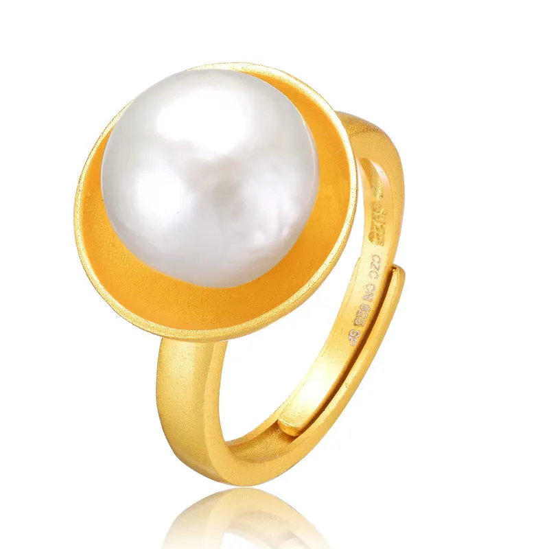 Sterling Silver 14k Gold Plated with Genuine Freshwater Pearl Adjustable Ring