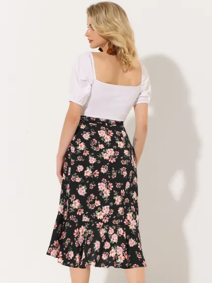 Allegra K- Tie Ruffle Split Midi Floral Wrap Skirt